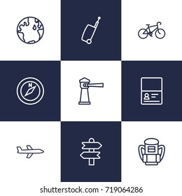 Set Of 9 Journey Outline Icons Set.Collection Of Bag, Direction, Lighthouse And Other Elements.