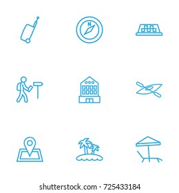 Set Of 9 Journey Outline Icons Set.Collection Of Palm, Compass, Building And Other Elements.