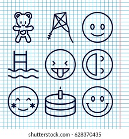 Set of 9 joy outline icons such as bear teddy, cake, kite, smiling emot, blush, laughing emot, showing tongue emot, smiley