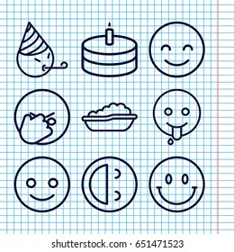 Set of 9 joy outline icons such as baby bath, cake, smiling emot, laughing emot, emoji showing tongue