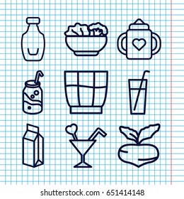 Set of 9 juice outline icons such as beet, baby bottle, soda, milk, cocktail, bottle, drink