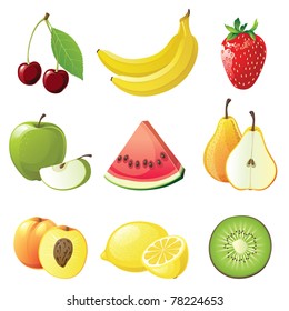 set of 9 juicy fruits icons