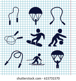 Set of 9 jump filled icons such as jump rope, skiing, snowboard, skipping rope, basketball player, man with parachute