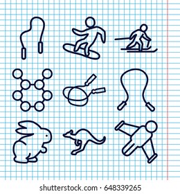 Set of 9 jump outline icons such as cangaroo, rabbit, jump rope, skiing, snowboard, skipping rope, hang glider