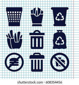 Set of 9 junk filled icons such as recycle bin, trash bag, trash bin, french fries, delete trash bin
