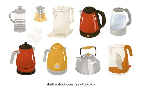 Set of 9 kettles, teapots and coffee pots. A device for boiling water and keeping beverages warm. Vector illustration. Isolated object on white background.