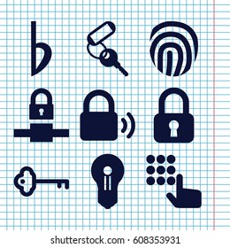 Set of 9 key filled icons such as key, bemol, lock, fingerprint, keyhole