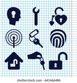 Set of 9 key filled icons such as key, opened lock, heart lock, hand with key, keyhole in head, fingerprint