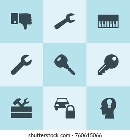 Set of 9 key filled icons such as wrench, work tool, car key, car lock, piano, dislike, ley lock in head