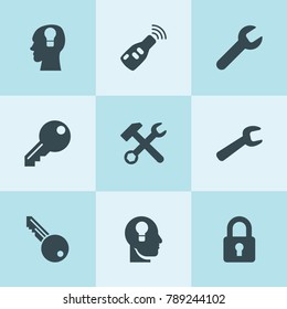 Set of 9 key filled icons such as wrench, key hole in head, wrench hammer, ley lock in head