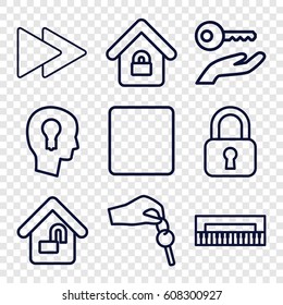  set of 9 key outline icons such as stop, fast forward, lock home, home lock, hand with key, lock