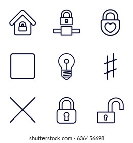 Set of 9 key outline icons such as heart lock, stop, musical sharp, cancel, lock home, lock
