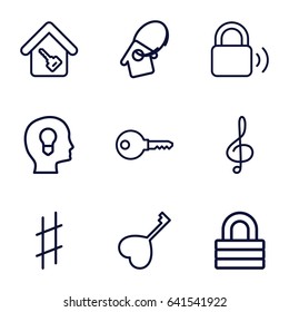 Set of 9 key outline icons such as lock, heart key, treble clef