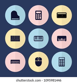 Set of 9 keyboard filled icons such as piano toy, piano, calculator