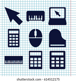 Set of 9 keyboard filled icons such as piano toy, laptop, piano, calculator, mouse