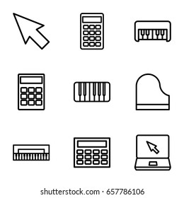 set of 9 keyboard outline icons such as piano toy, laptop, piano, calculator, pointer