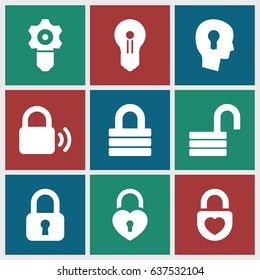 set of 9 keyhole filled icons such as lock, opened lock