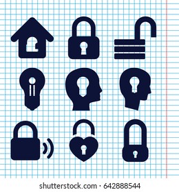 Set of 9 keyhole filled icons such as opened lock, heart lock