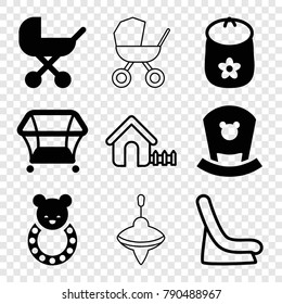 Set of 9 kid filled and outline icons such as baby stroller, baby toy, playpen, house