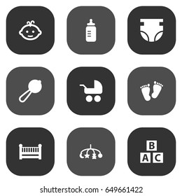 Set Of 9 Kid Icons Set.Collection Of Hangings, Maraca, Nappy And Other Elements.