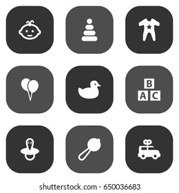 Set Of 9 Kid Icons Set.Collection Of Toy, Smock, Duck And Other Elements.