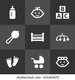 Set Of 9 Kid Icons Set.Collection Of Cot, Maraca, Abc Block And Other Elements.