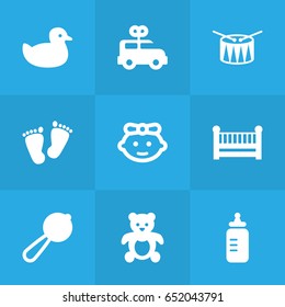 Set Of 9 Kid Icons Set.Collection Of Trace, Duck, Girl And Other Elements.