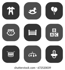 Set Of 9 Kid Icons Set.Collection Of Abc Block, Hangings, Cot And Other Elements.