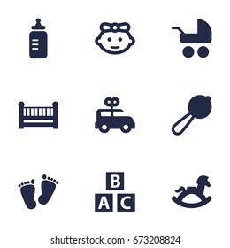 Set Of 9 Kid Icons Set.Collection Of Equine, Cot, Maraca And Other Elements.