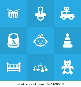 Set Of 9 Kid Icons Set.Collection Of Hangings, Toy, Teat And Other Elements.