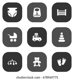 Set Of 9 Kid Icons Set.Collection Of Bear, Bus, Cot And Other Elements.