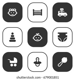 Set Of 9 Kid Icons Set.Collection Of Maraca, Teat, Toy And Other Elements.