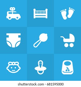 Set Of 9 Kid Icons Set.Collection Of Teat, Breastplate, Nappy And Other Elements.