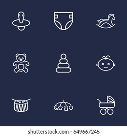 Set Of 9 Kid Outline Icons Set.Collection Of Diaper, Teddy, Toys And Other Elements.