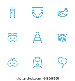 Set Of 9 Kid Outline Icons Set.Collection Of Baby, Pyramid, Rocking Horse And Other Elements.
