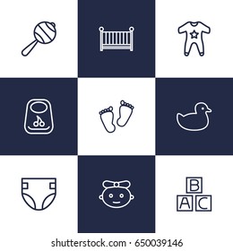 Set Of 9 Kid Outline Icons Set.Collection Of Footprints, Smock, Crib And Other Elements.