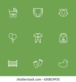 Set Of 9 Kid Outline Icons Set.Collection Of Diaper, Baby, Rubber And Other Elements.