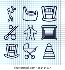 Set of 9 kid outline icons such as baby stroller, baby bed, pyramid