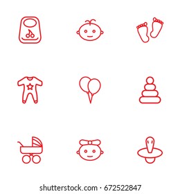 Set Of 9 Kid Outline Icons Set.Collection Of Balloon, Boy, Footprints And Other Elements.