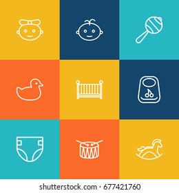 Set Of 9 Kid Outline Icons Set.Collection Of Diaper, Rattles, Baby And Other Elements.