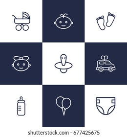 Set Of 9 Kid Outline Icons Set.Collection Of Bottle, Baby, Carriage And Other Elements.