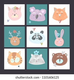 Set of 9 kids cards with cat koala fox deer bear bunny tiger panda raccoon for baby shower or birthday. Vector hand drawn illustration perfect for prints