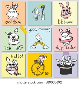 Set of 9 kid's cards with simple design of cute easter rabbits and birds. Perfect for kid's banners, stickers and other kid's things.