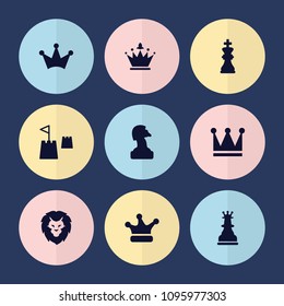 Set of 9 king filled icons such as crown, chess horse, crown, chess king, castle tower