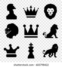 Set of 9 king filled icons such as lion, crown, Crown, chess king