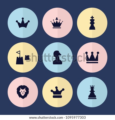 Set of 9 king filled icons such as crown, chess horse, crown, chess king, castle tower