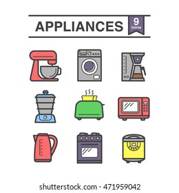 Set of 9 kitchen appliances icons.