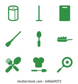 set of 9 kitchen filled icons such as cutting board, mop, paper towel, fork and spoon, spoon, chef hat and spoon, pan-fry