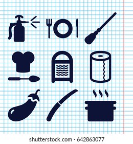 Set of 9 kitchen filled icons such as eggplant, mop, sponge, paper towel, gardening knife, spray bottle, plate fork and spoon, chef hat and spoon