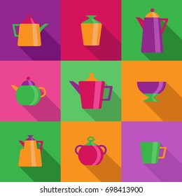 Set Of 9 Kitchen Icons Set. Collection Of Teapot And Cup Elements.